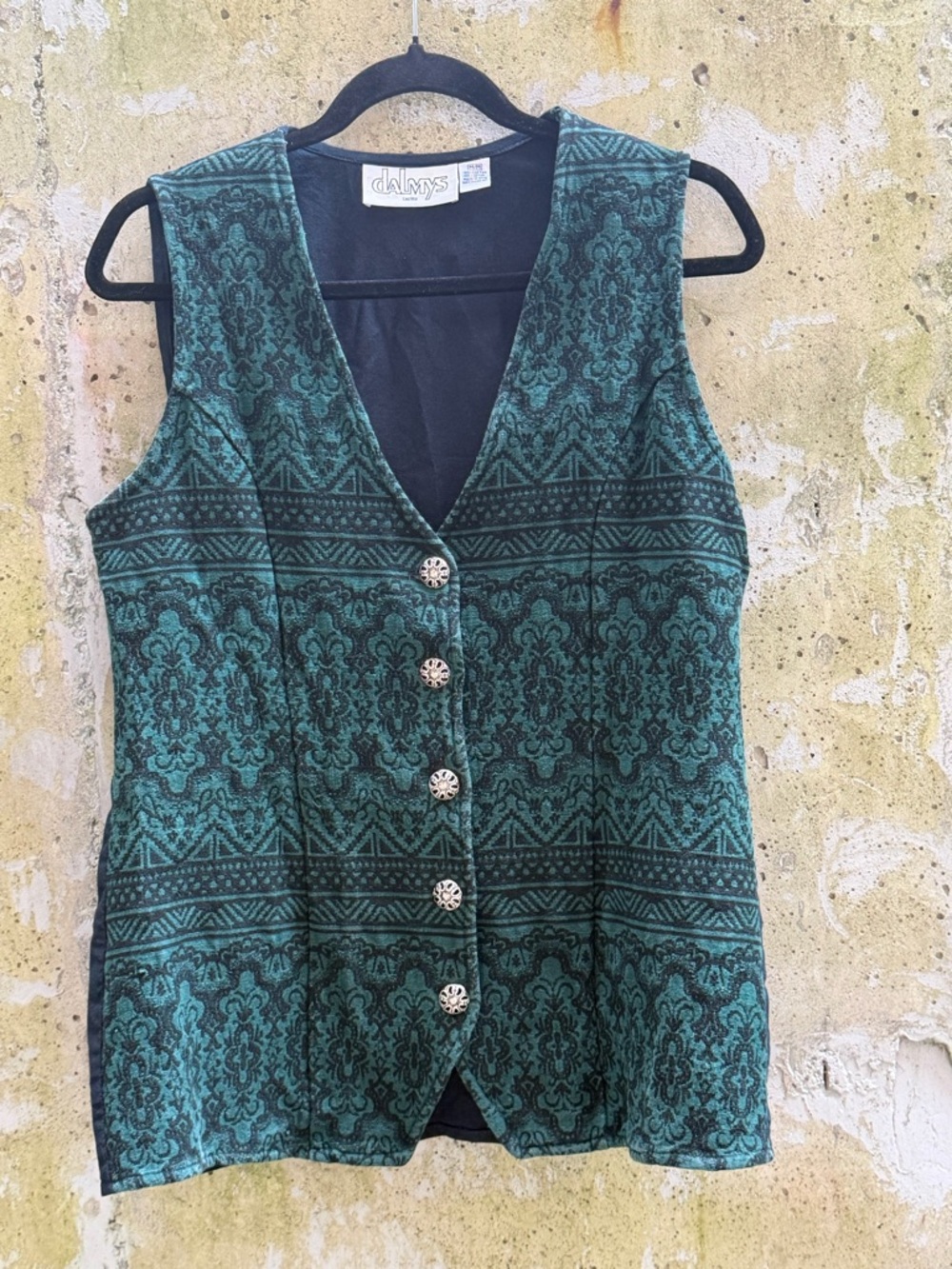Vintage Tapestry Green Patterned V-Neck Button Vest